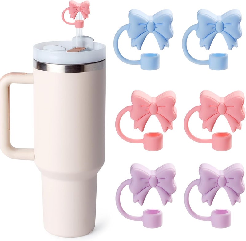 linmaya 6PCS Bow Straw Toppers, Cute Straws Covers for Stanley 30&40 Oz Tumbler with Handle, 10mm Dust-Proof Drinking Straw Dispensers Straw Topper Cap for Girls Kids (Pink Blue Purple) - Image 1